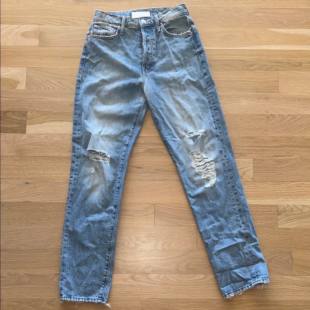 MOTHER Light Blue Distressed Straight Leg Jeans